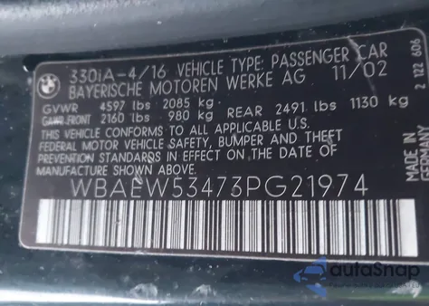 2003 BMW 330Xi из США, поврежденный, VIN WBAEW53473PG21974